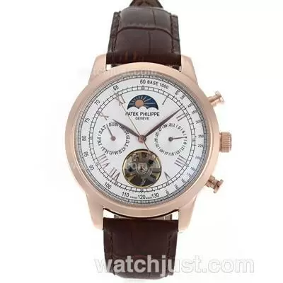 Patek Philippe Astronomical Celestial Tourbillon Automatic Rose Gold Case Roman Markers With White Dial Leather Strap