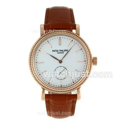 Patek Philippe Calatrava Automatic Rose Gold Case Stick Markers With White Dial Leather Strap