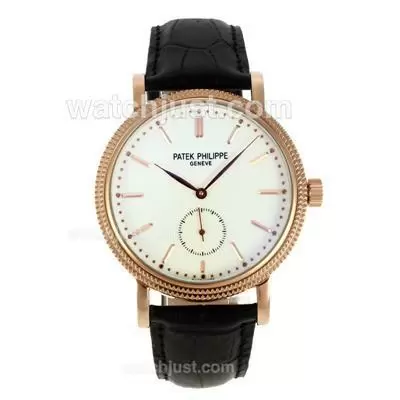 Patek Philippe Calatrava Automatic Stick Markers Rose Gold Case With White Dial Leather Strap