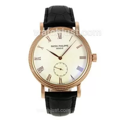 Patek Philippe Calatrava Automatic Roman Markers Rose Gold Case With White Dial Leather Strap