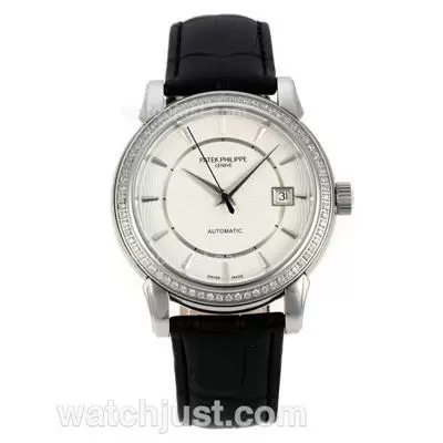 Patek Philippe Calatrava Automatic Movement Diamond Bezel With White Dial Leather Strap