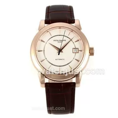 Patek Philippe Calatrava Automatic Movement Rose Gold Case With White Dial Leather Strap