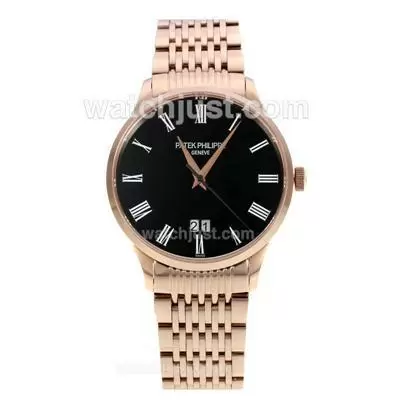 Patek Philippe Calatrava Full Rose Gold Roman Markers With Black Dial Sapphire Glass