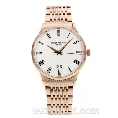 Patek Philippe Calatrava Full Rose Gold Roman Markers With White Dial Sapphire Glass