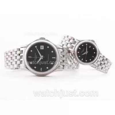 Patek Philippe Calatrava Black Dial With Diamond Marking S/s Couple Watch