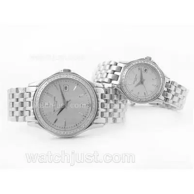 Patek Philippe Calatrava S/s Gray Dial Stick Marking With Diamond Bezel Couple Watch