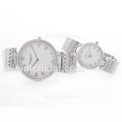 Patek Philippe Calatrava White Dial With Roman Marking And Diamond Bezel Couple Watch S/s