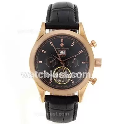 Patek Philippe Calatrava Tourbillon Automatic Rose Gold Case With Black Dial Leather Strap