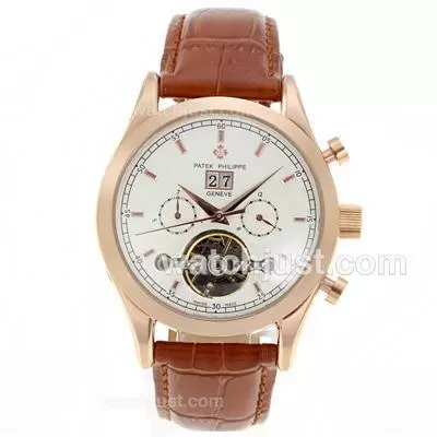 Patek Philippe Calatrava Tourbillon Automatic Rose Gold Case With White Dial Leather Strap