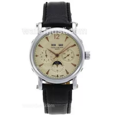 Patek Philippe Calatrava Moonphase Perpetual Calendar Automatic With Beige Dial Leather Strap