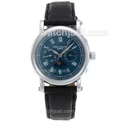 Patek Philippe Calatrava Moonphase Automatic With Blue Dial Leather Strap