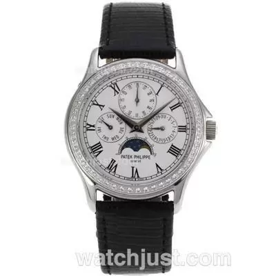 Patek Philippe Calatrava Diamond Bezel Roman Markers With White Dial Leather Strap