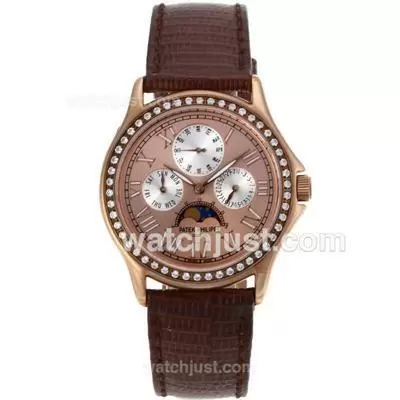 Patek Philippe Calatrava Coffee Gold Case Diamond Bezel Roman Markers With Coffee Dial Leather Strap