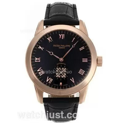 Patek Philippe Calatrava Automatic Rose Gold Case Roman Markers With Black Dial Leather Strap