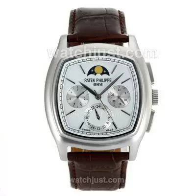 Patek Philippe Classic Moonphase Automatic Stick Markers With White Dial Leather Strap