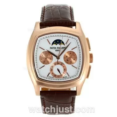 Patek Philippe Classic Moonphase Automatic Rose Gold Case Stick Markers With White Dial Leather Strap