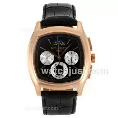 Patek Philippe Classic Moonphase Automatic Rose Gold Case Stick Markers With Black Dial Leather Strap