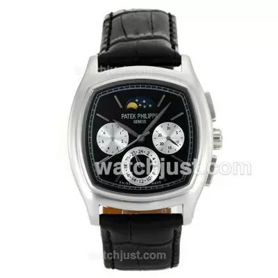 Patek Philippe Classic Moonphase Automatic Stick Markers With Black Dial Leather Strap