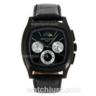 Patek Philippe Classic Moonphase Automatic Pvd Case Stick Markers With Black Dial Leather Strap