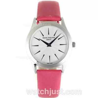 Patek Philippe Classic Blue Stick Markers With White Dial Pink Leather Strap