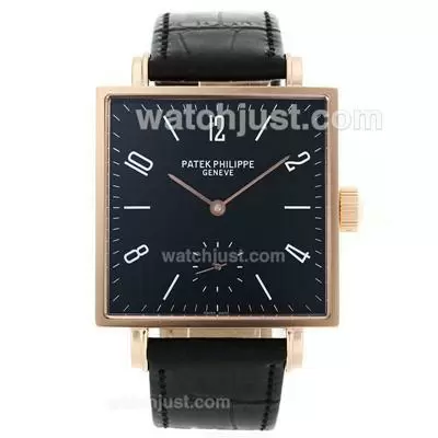 Patek Philippe Classic Manual Winding Rose Gold Case With Black Dial Leather Strap