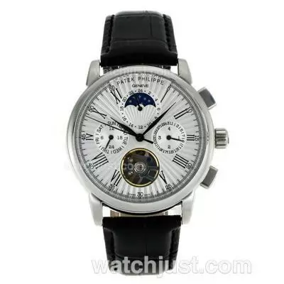 Patek Philippe Tourbillon Automatic Roman Markers With Whtie Dial Leather Strap