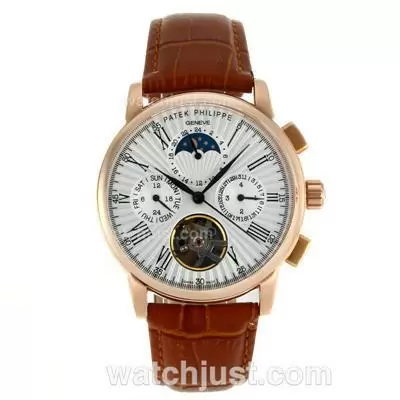 Patek Philippe Tourbillon Automatic Rose Gold Case Roman Markers With Whtie Dial Leather Strap