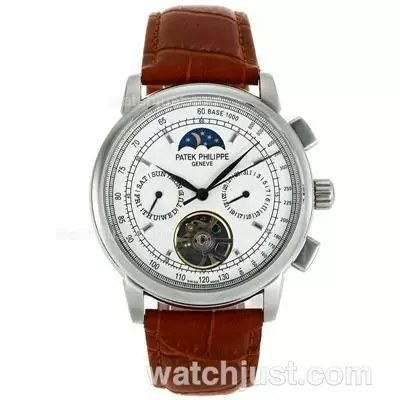 Patek Philippe Classic Moonphase Tourbillon Automatic With White Dial Leather Strap