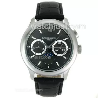 Patek Philippe Moonphase Automatic Stick Markers With Gray Dial Leather Strap