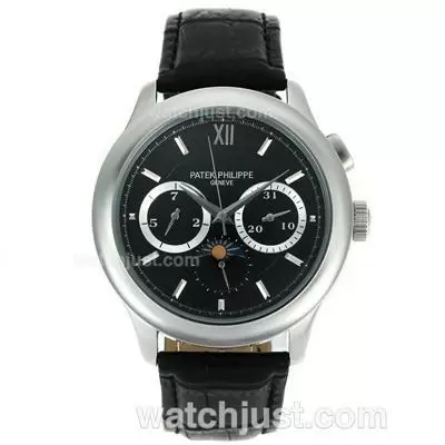 Patek Philippe Moonphase Automatic Stick Markers With Black Dial Leather Strap