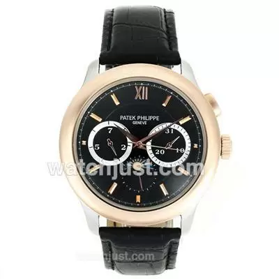 Patek Philippe Automatic Two Tone Case With Black Dial Leather Strap