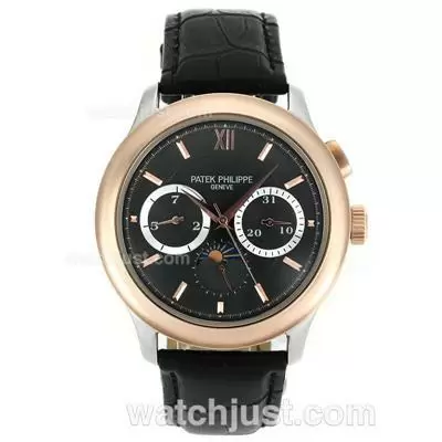 Patek Philippe Automatic Two Tone Case With Gray Dial Leather Strap