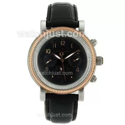 Patek Philippe Automatic Two Tone Case With Black Dial Leather Strap