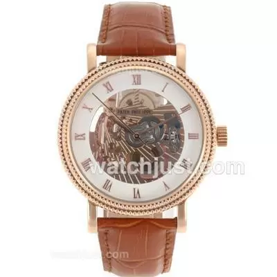 Patek Philippe Skeleton Automatic Rose Gold Case With Roman Markers Leather Strap