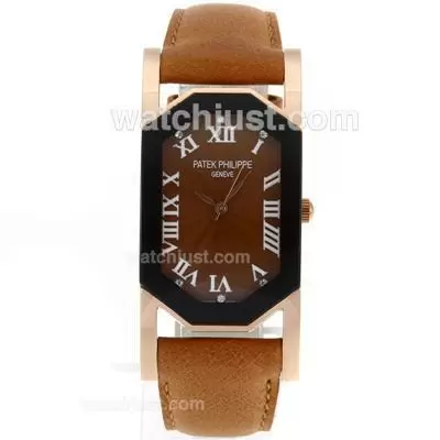 Patek Philippe Rose Gold Case Black Bezel With Brown Dial Roman Markers Leather Strap