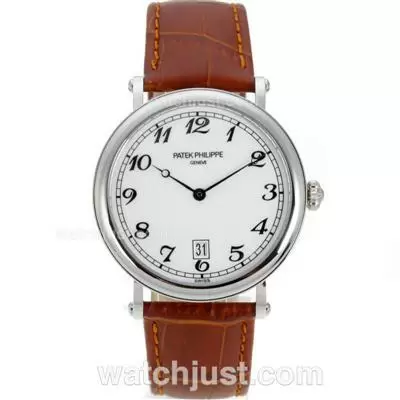 Patek Philippe Automatic With White Dial Brown Leather Strap