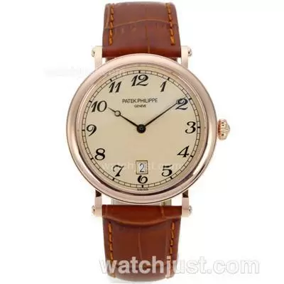 Patek Philippe Automatic Rose Gold Case With Yellow Dial Leather Strap