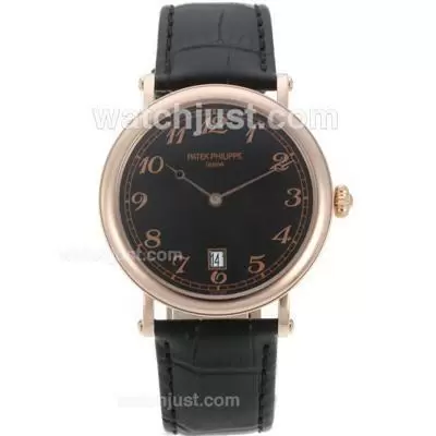 Patek Philippe Automatic Rose Gold Case With Black Dial Leather Strap