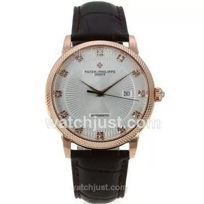 Patek Philippe Classic Automatic Movement Diamond Markers Rose Gold Case With Grey Dial Leather Strap