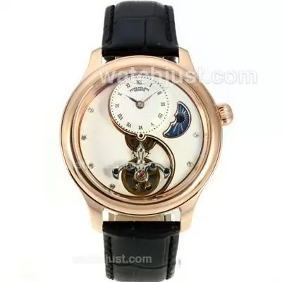 Patek Philippe Tourbillon Automatic Rose Gold Case With White Dial Black Leather Strap