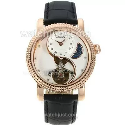 Patek Philippe Tourbillon Automatic Rose Gold Case With White Dial Leather Strap