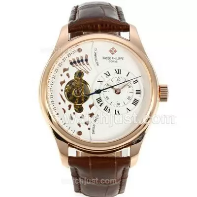 Patek Philippe Tourbillon Automatic Rose Gold Case With White Dial Leather Strap