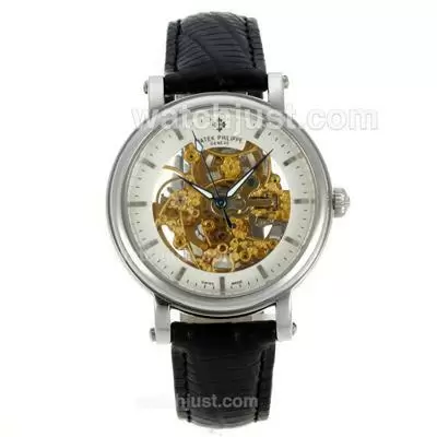 Patek Philippe Skeleton Automatic With Stick Markers Black Leather Strap