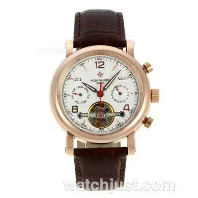 Patek Philippe Tourbillon Automatic Rose Gold Case With White Dial Leather Strap