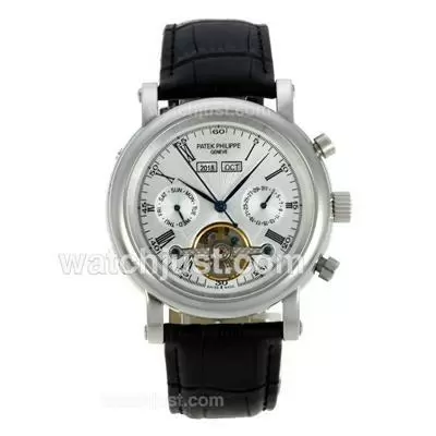 Patek Philippe Tourbillon Automatic Roman Marker With White Dial Leather Strap