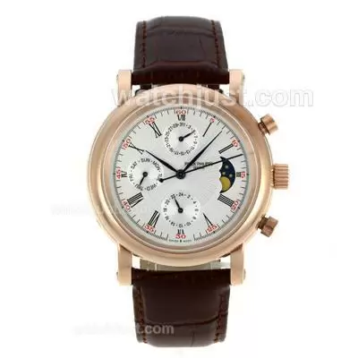 Patek Philippe Automatic Rose Gold Case With White Dial Leather Strap