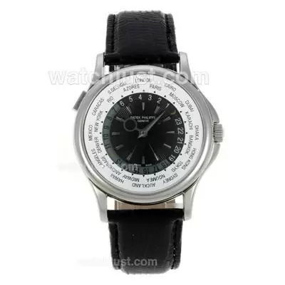 Patek Philippe Automatic Movement With Black Dial Leather Strap