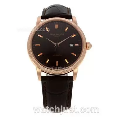 Patek Philippe Classic Automatic Movement Rose Gold Case Stick Markers With Brown Dial Leather Strap