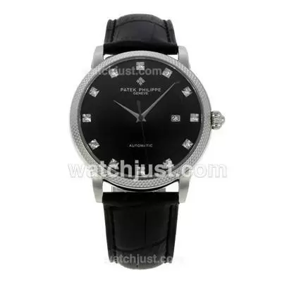 Patek Philippe Classic Automatic Movement Diamond Markers With Black Dial Leather Strap