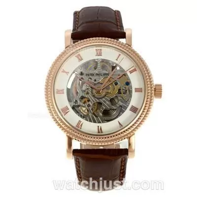 Patek Philippe Skeleton Automatic Rose Gold Case With Roman Markers Brown Leather Strap